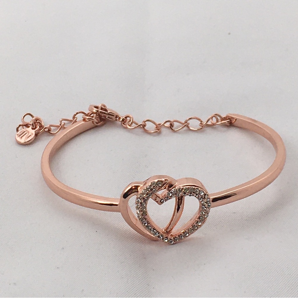 JN Rose Gold Twin Hearts Cuff Bracelet With Crystals And Safety Chain